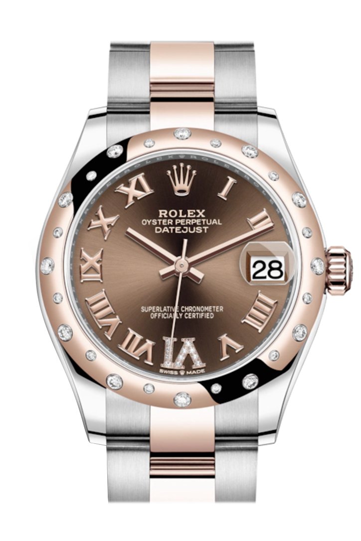 Rolex Datejust 31 Chocolate Large VI diamonds Dial Diamond Bezel Rose Gold Two Tone Watch 278341RBR 278341