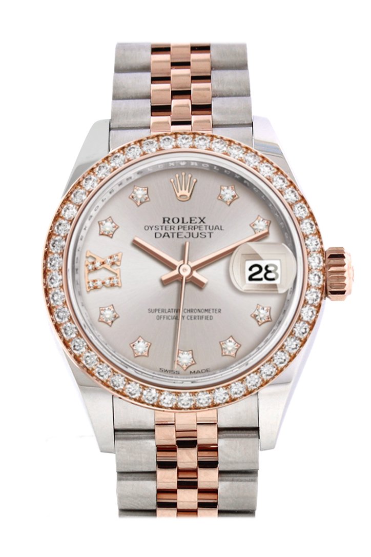 Rolex Datejust 28 Sundust Large VI Diamonds DialDiamond Bezel Rose Gold Jubilee Two Tone Watch 279381RBR 279381