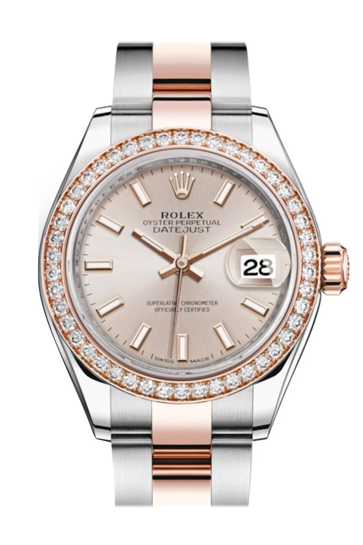 Rolex Datejust 28 Sundust Dial Diamond Bezel Rose Gold Two Tone Watch 279381RBR 279381