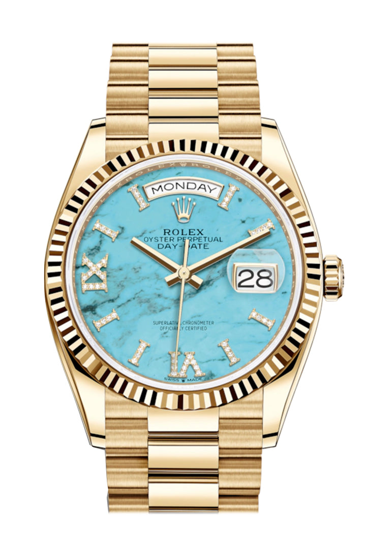 ROLEX Day-Date 36 Turquoise Dial 18K Yellow Gold Watch 128238