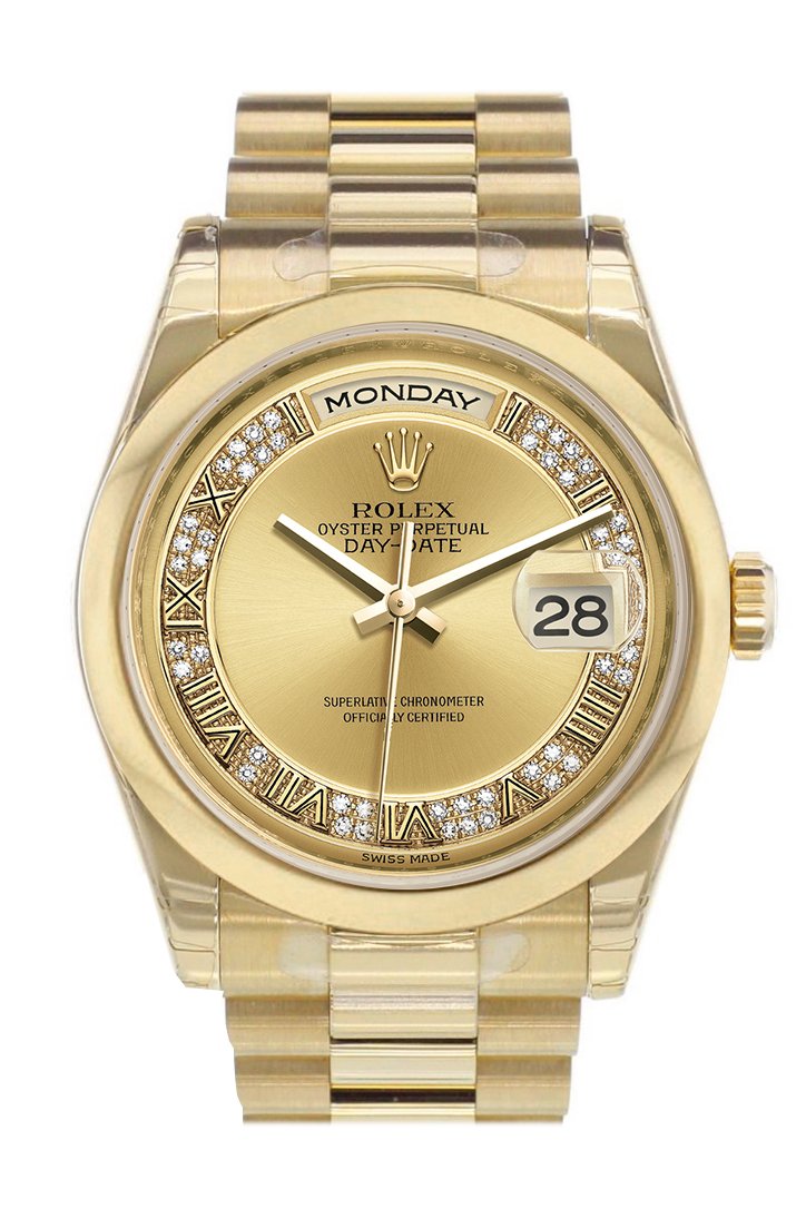 Rolex Day-Date 36 Champagne Diamonds Dial Diamonds President Yellow Gold Watch 118208