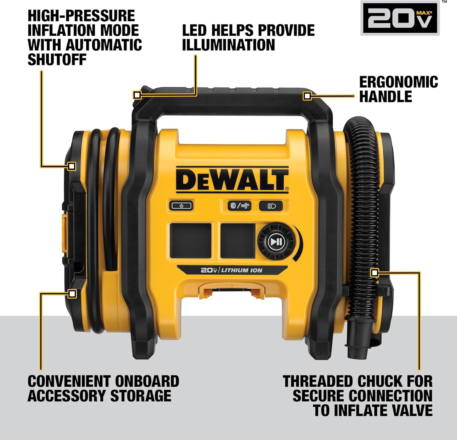 DEWALT Tire Inflator Portable Air Compressor 20V MAX, Car Air Pump with Automatic Shut Off, LED Light, Tool Only (DCC020IB)