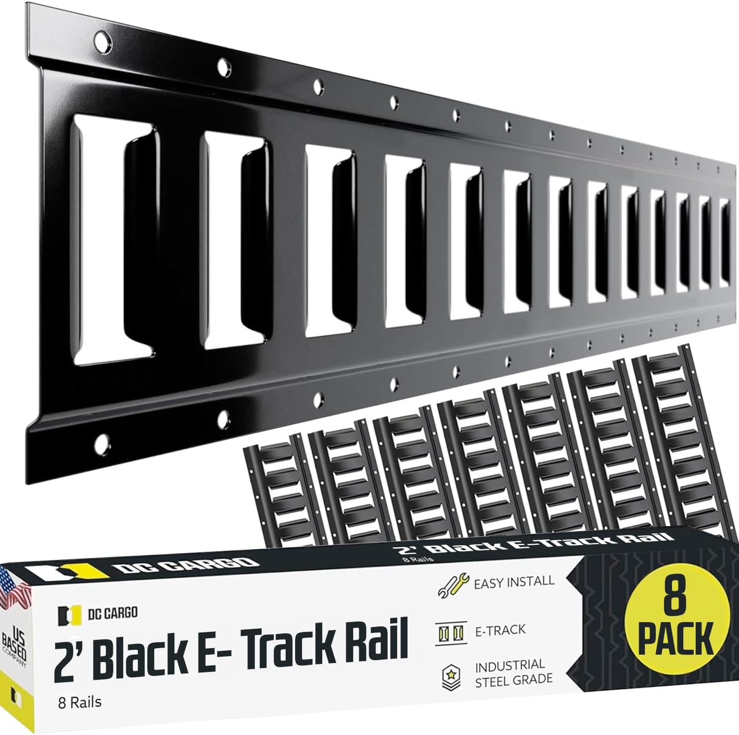 DC Cargo Mall E Track Tie Down Rail Kit 8' (4 Pack) for Garages, Vans, Trailers, Motorcycle Tie Downs, ATV Mountings - Powder-Coat Black - Secure Cargo & Heavy Loads Up to 2,000 lbs