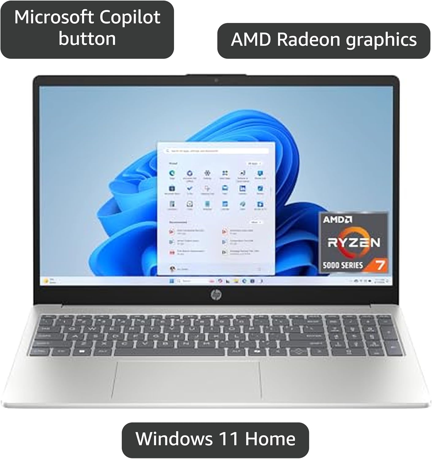 HP 15.6 inch Laptop, HD Touchscreen Display, AMD Ryzen 3 7320U, 8 GB RAM, 128 GB SSD, AMD Radeon Graphics, Windows 11 Home in S Mode, Natural Silver, 15- fc0099nr