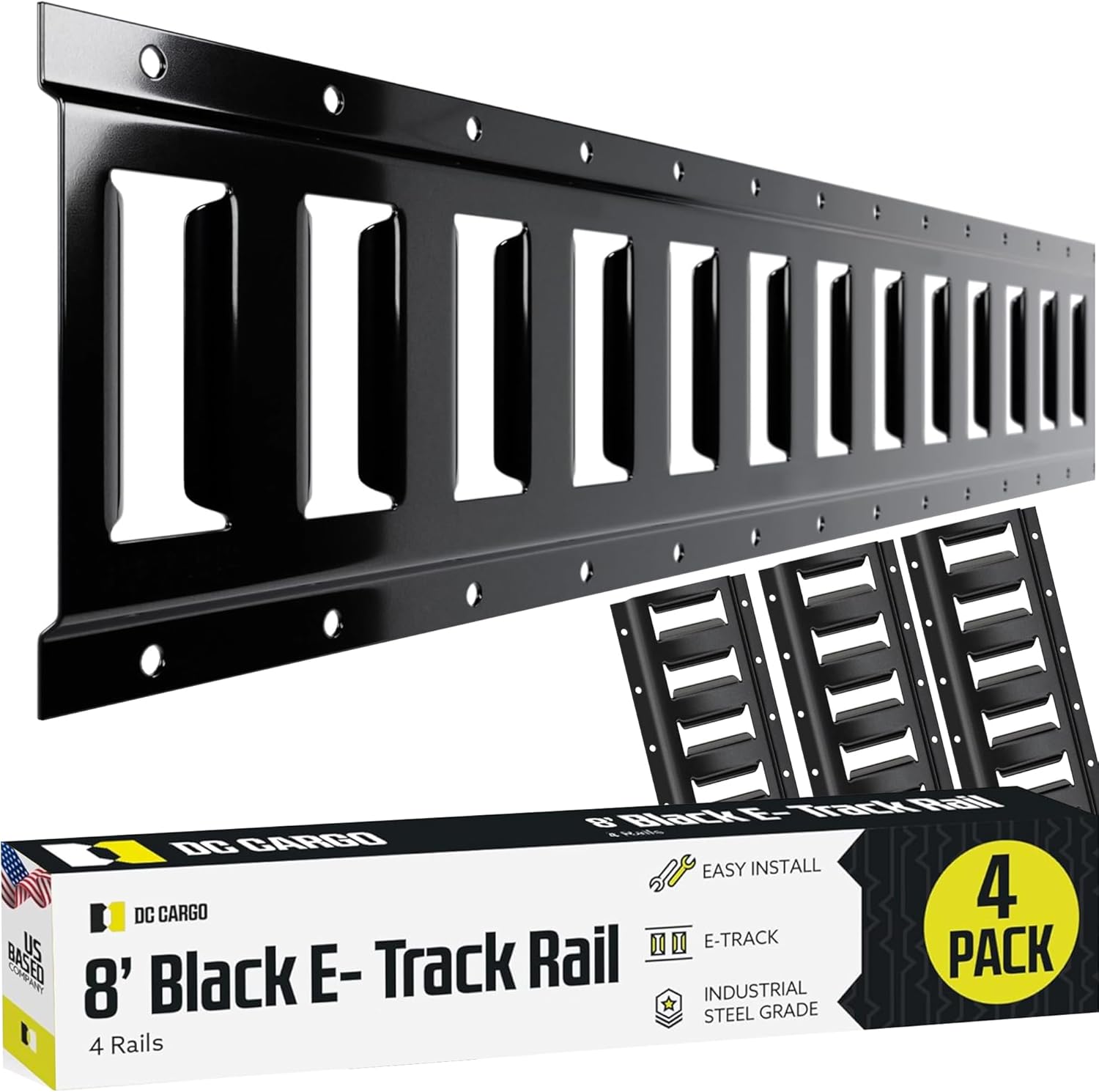 DC Cargo Mall E Track Tie Down Rail Kit 8' (4 Pack) for Garages, Vans, Trailers, Motorcycle Tie Downs, ATV Mountings - Powder-Coat Black - Secure Cargo & Heavy Loads Up to 2,000 lbs