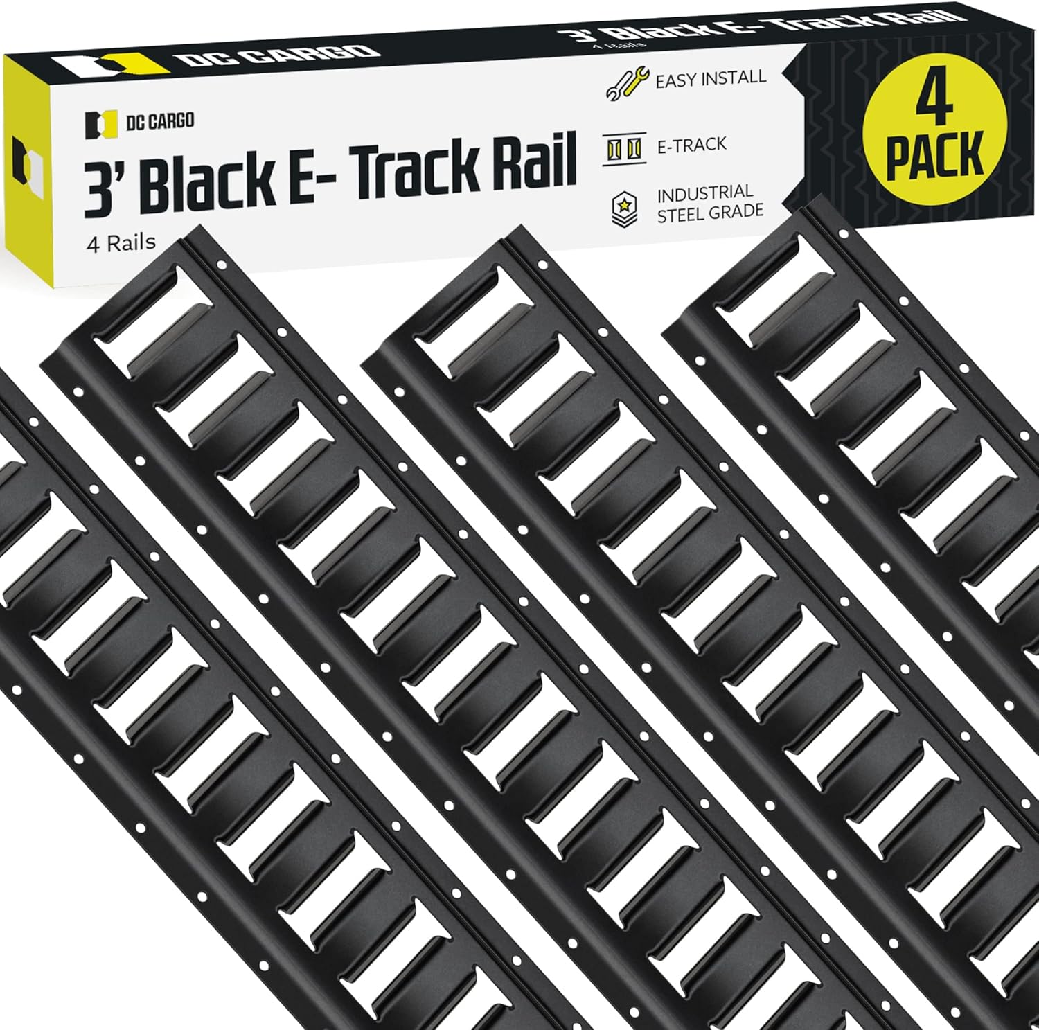 DC Cargo Mall E Track Tie Down Rail Kit 8' (4 Pack) for Garages, Vans, Trailers, Motorcycle Tie Downs, ATV Mountings - Powder-Coat Black - Secure Cargo & Heavy Loads Up to 2,000 lbs