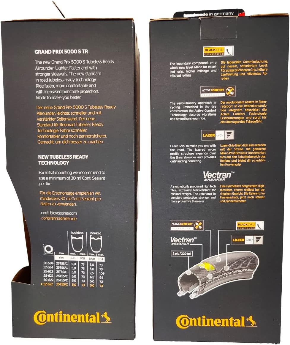 Continental Grand Prix 5000 S TR 700x32 Black - Tubeless Ready - Pack of 2 Tires