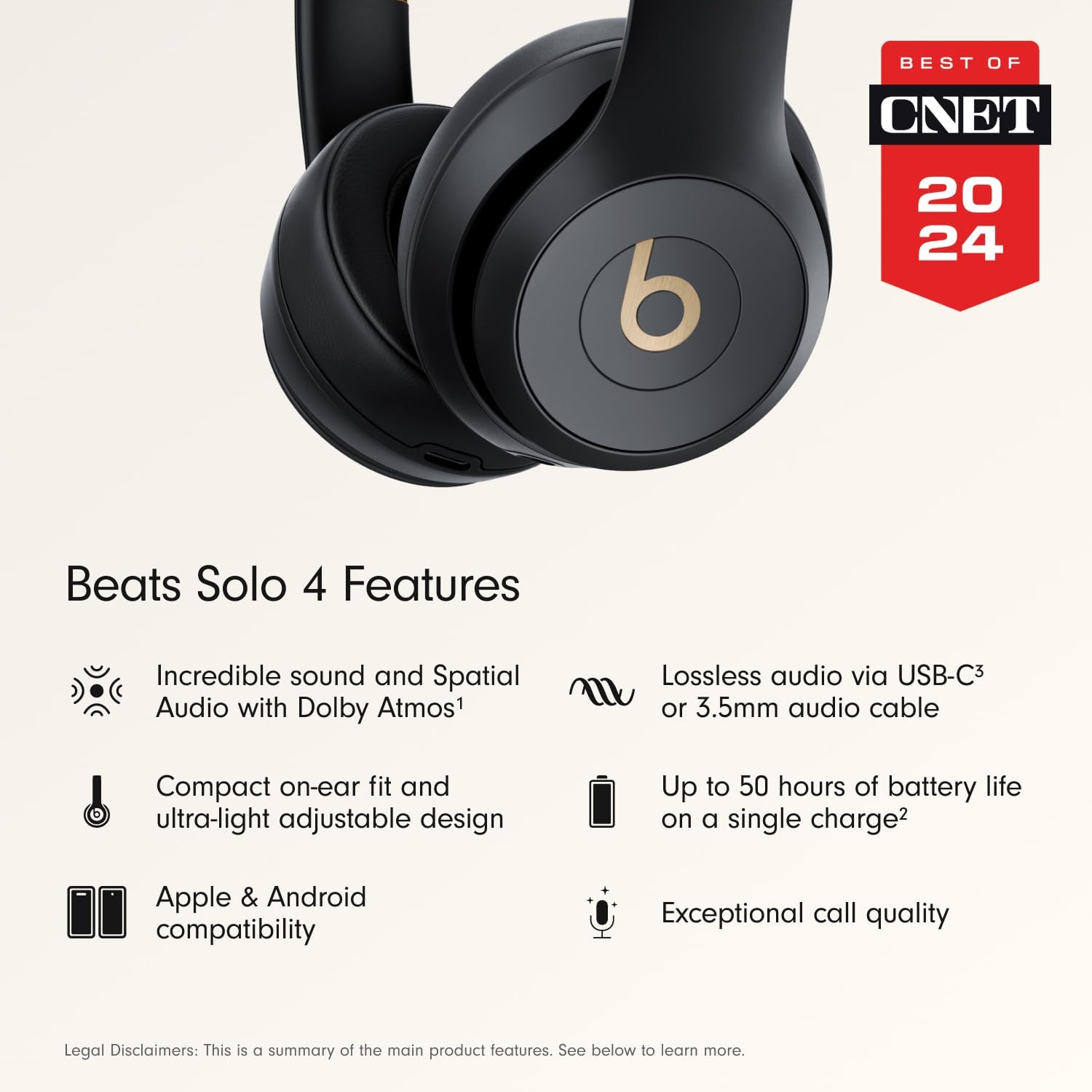 Beats Solo 4 - Wireless On-Ear Bluetooth Headphones, Up to 50-Hour Battery Life, Ultra-Lightweight Comfort, Powerful and Balanced Sound, Apple & Android Compatible - Matte Black