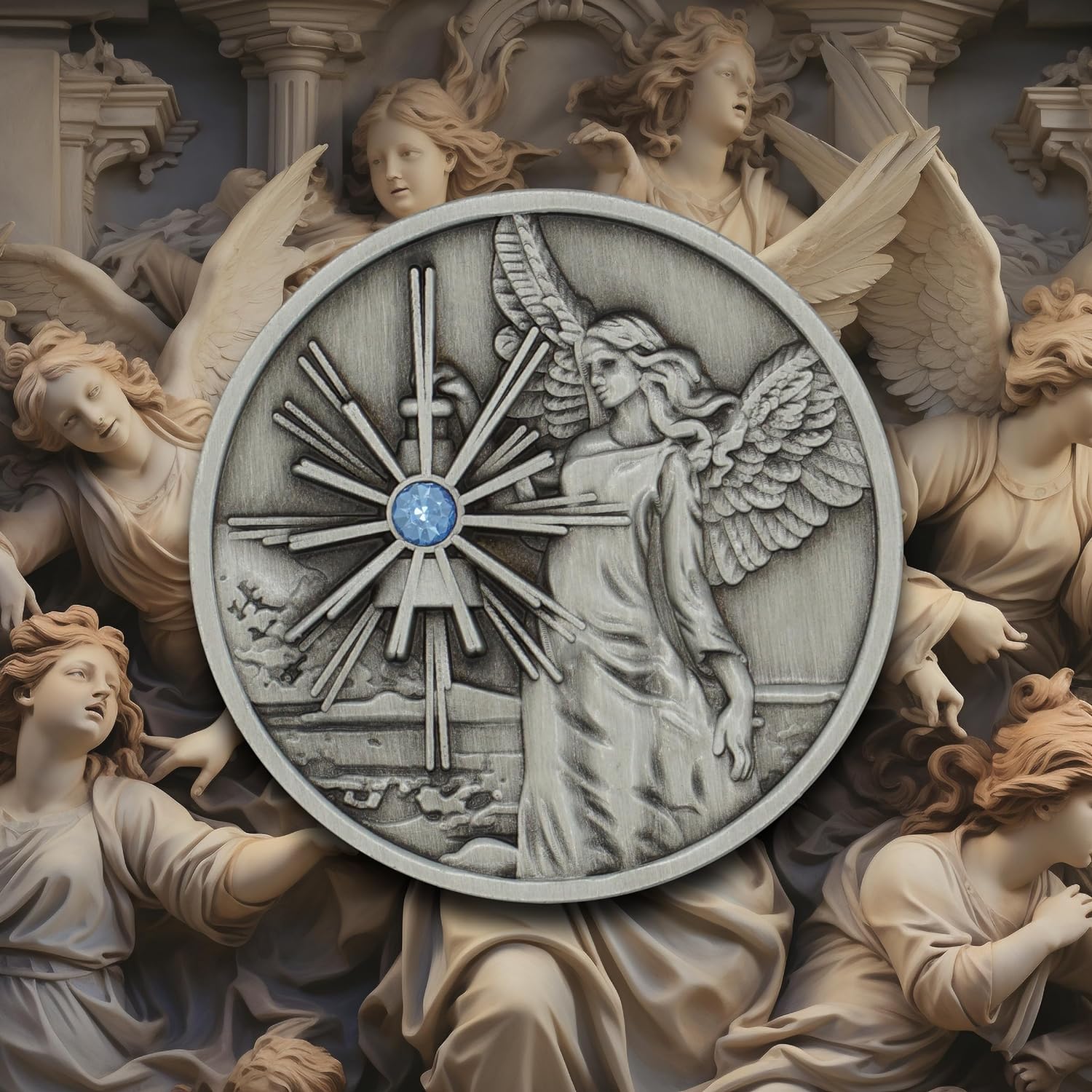 Pewter Guardian Angel Coin Affirmation Gift Token Medallion with Aqua Crystal Gemstone and Angel Prayer on Back