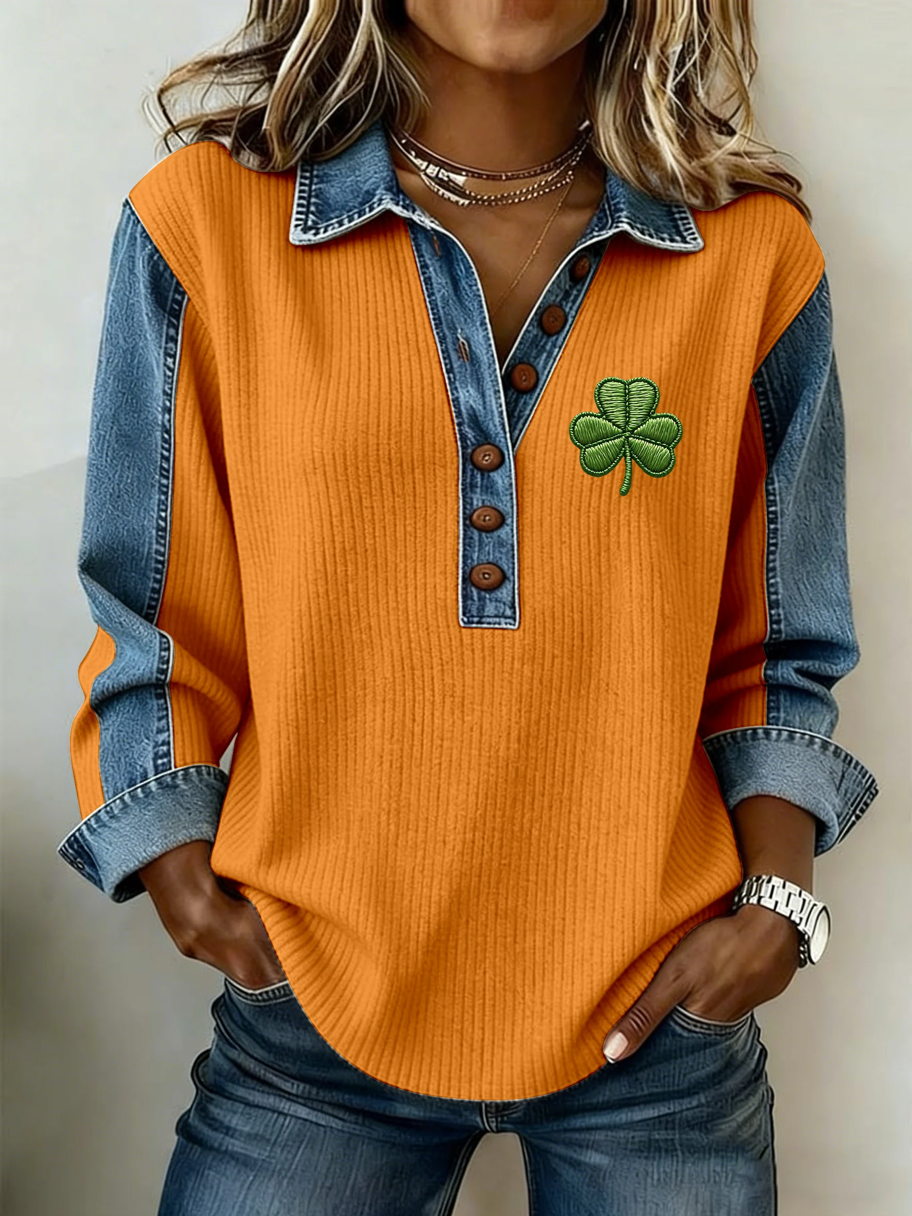 ☘️Last Day 49% Off☘️Women's St. Patrick's Day Printed Collar Button-Down Knit Top